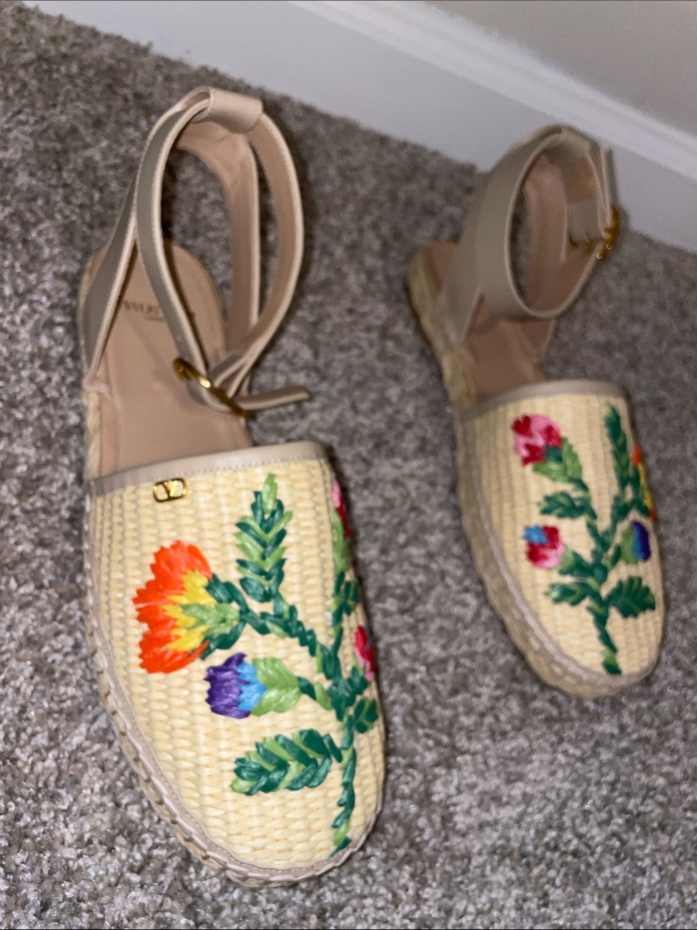 AuthenticValentino Garavani Beige Woven Espadrille with Multicolor Floral Embroi